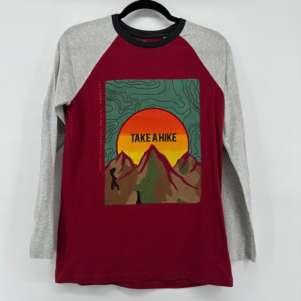 Old Navy Kids XXL 18 Take A Hike California Mountain Graphic Raglan Tee Red Grey